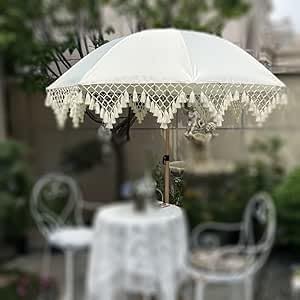 Boho Parasol with Fringes 200 cm Beach Umbrella UV Protection White Balcony Waterproof Table Market Bag for Garden Patio Pool