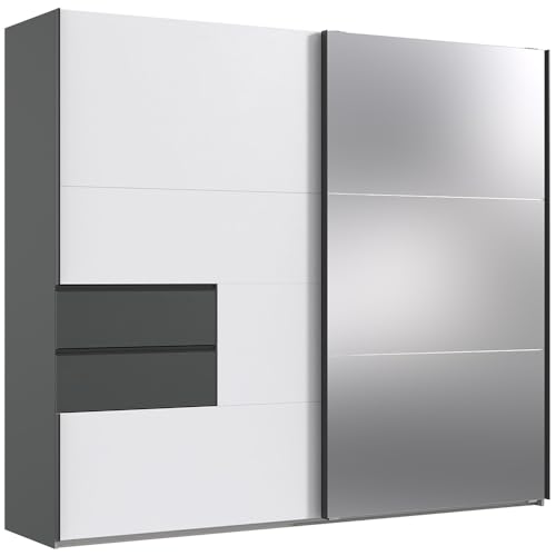 Lomadox Kleiderschrank mit Spiegeltür, Garderobenschrank Schlafzimmerschrank Wardrobe Schwebetürenschrank 250cm breit, weiß mit Graphit