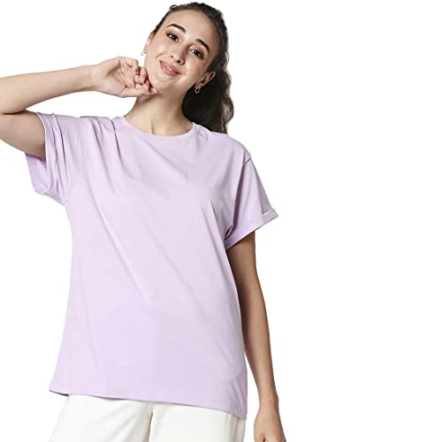 Image of Bewakoof Women's Solid 100% Cotton T-Shirt - Boyfriend Fit, Round Neck, Half Sleeves