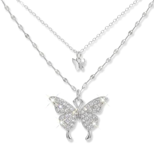 925 Sterling Silver Butterfly Necklace for Women Double Layer Cla...