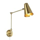 WINGBO Industrial 1-Light Swing Arm Wall Lamp, Adjustable Head Metal LED Wall Sconce, Plug in/Wall Mount Light Fixture for Entryway Lobby Kitchen Bathroom Bedroom Living Room Hallway, Brass