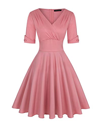 Image of MINTLIMIT Women's 1950s Vintage Deep V Neck Wrap Half Sleeve Retro Cocktail Swing Dress Solid_Pink M