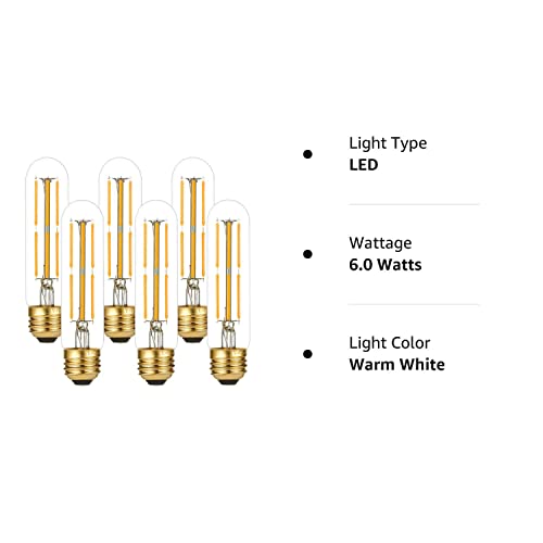 Litehistory Dimmable E26 Edison Bulb 6W Equal 60 Watt Light Bulb Ac120V Warm White 2700K Edison Light Bulbs 60 Watt 600Lm Tubular T10 Led Bulb For Rustic Pendant,Chandeliers,Wall Sconces,Vanity 6Pack #TOP7