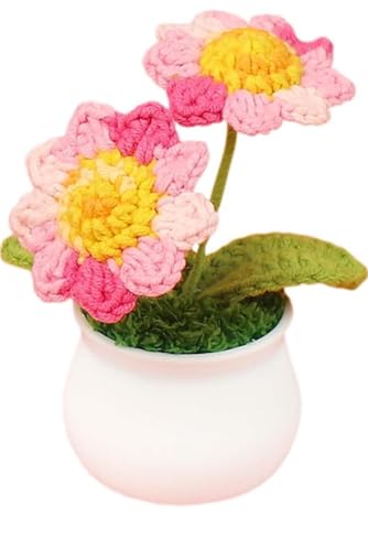 Image of VRB DecTM 1 Pcs Crochet Flowers Artificial Twin Sunflower for Office Desk Car Dashboard Decor,Home Decoration,Festival,Office, Bedroom, Christmas Decor. (Twin Pink Sunflower with Pot)