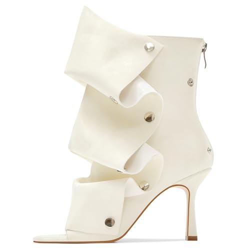 QVY Women's Stylish Wrinkles High Heels Buttons Summer Booties Ladies Unique Ruched Metals Thin Heels Spring Short Boots