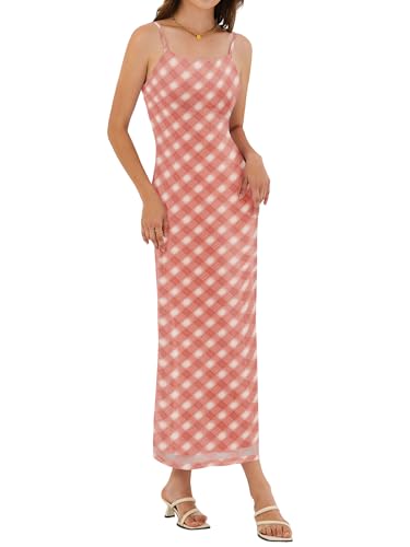 ZAFUL Womens Summer Maxi Dress Spaghetti Strap Mesh Stretch A Line Dresses 2026 Gingham Cute Casual Beach Vacaion Slip Long Sundress Spring Clothing Pink X-Large — view 3
