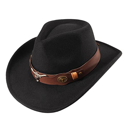 Ultrafun Men Women Cowboy Cowgirl Hat Classic Wide Brim Western Pinch Front Cowboy Hat With Belt (E-Black) #TOP26