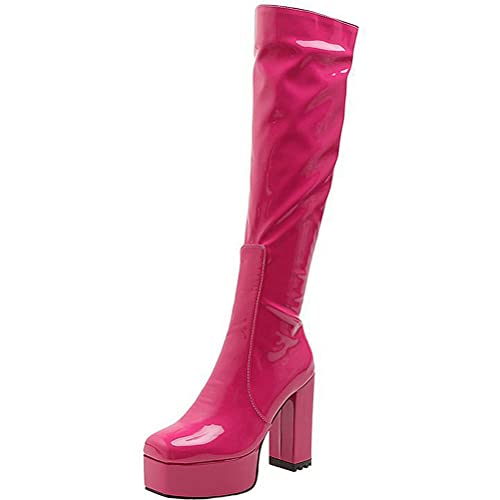 ClassicSter Womens Gogo Boots Square Toe Patent Chunky Knee High Heel Platform Boots With Zip(Hot Pink,US4.5)