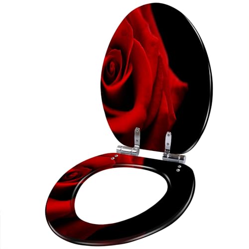 Resin Elongated Toilet Seat with Cover Quiet Close Quick Release Hinges Flower red against black Decorative Toilet Seat Easy to Clean Install Home Decor