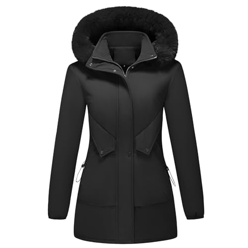 KUDMOL Manteau Femme Hiver Polaire Chaud Veste Parka Manches Longues Zippée à Capuche Amovible Blouson Zippé Outercoat(Noir,XL)