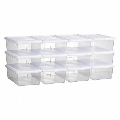 novelinks 12 Pack 6QT Plastic Storage Bins with Lids, Shoe Boxes (White)