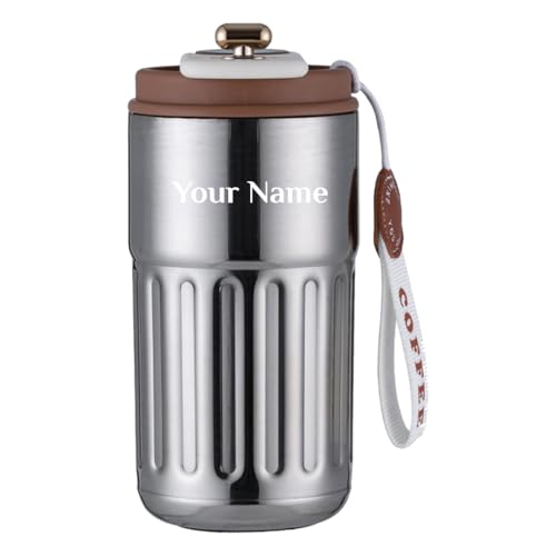 Image of Giftana Personalized Tumbler with LED Temperature Display Customized Coffee Tumbler with Secure Lid & Carrying Strap, Birthday Gifts for Men and Women (Silver, 420ml)