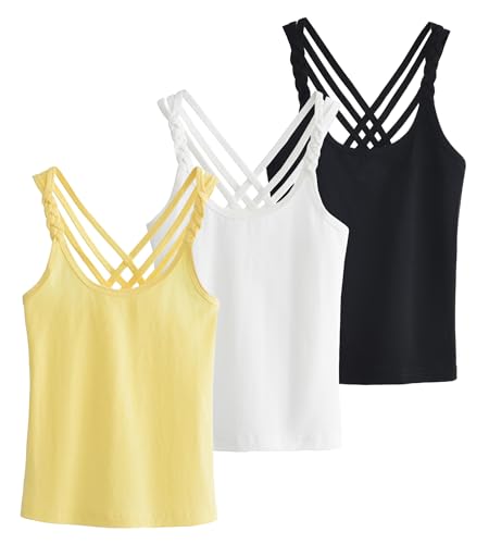 Image of Kids Girls Undershirts Sleeveless Criss Cross Back Tank Top Solid Cami Camisoles 3 Pack Stretch Comfort Vest Black White Yellow 4-5T