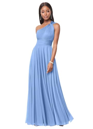 DDKoin Steel Blue Bridesmaid Dresses with Pockets A Line Pleated Chiffon Long Formal Gown 2025 One Shoulder Wedding Guest Dress for Women Size 17