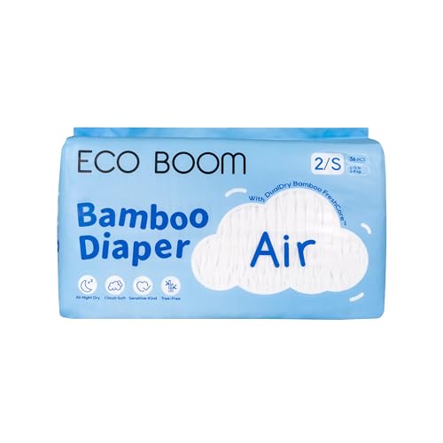 ECO BOOM Bamboo Diaper Air, Size 2/S, 6-16 lbs, All-Night Dry, Cloud-Soft, Sensitive-Kind, Tree-Free, 36 Count