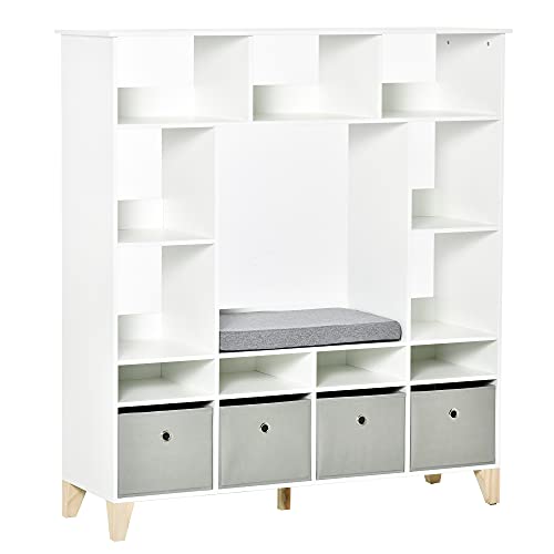 Image of HOMCOM Kids Cube Storage Shelves with Bins and Large Storage for Kids Bedroom, Multiple Storage Units for Big Capacity Kids Shelf with Seat Featuring Thick Cushioning, White