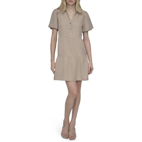 DKNY Women's Short Bubble Sleeve Collared Neck Tiered Skirt Dress2