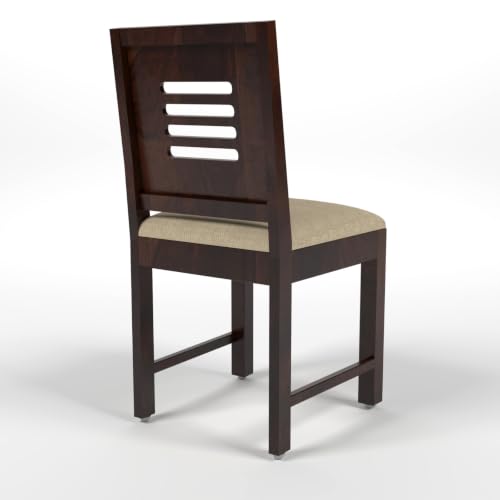 Image of Solid Sheesham Wood Dining Chair for Living Room & Dining Room | Wooden Chair with Upholstered Cushion Seat | Slatted Backrest