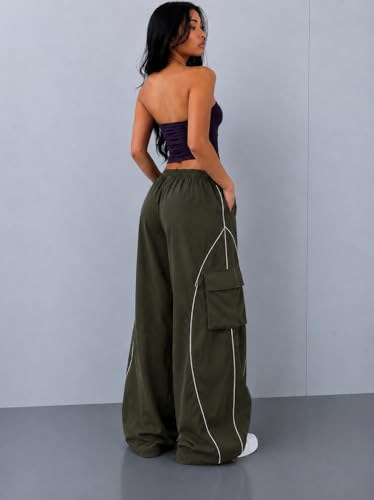 Image of Parachute Baggy Track Pant for Women | Korean Style Loose Fit Wide Leg Cargo Pockets | Piping Casual Trouser