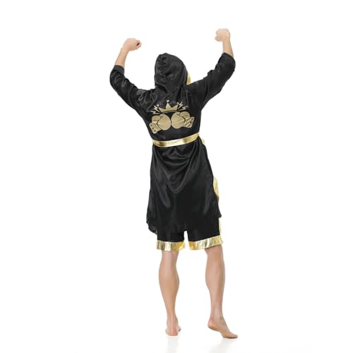 Colorful House Men'S Satin Black Boxing Robes Adult Hooded Boxing Costume With Shorts Set thumb #6