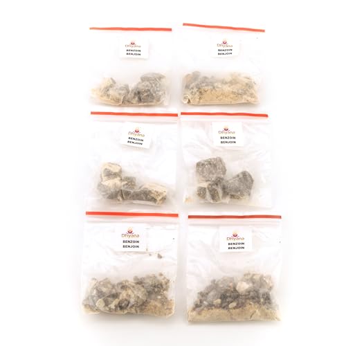 DHYANA - Resina de Incienso - Benjuí - 6 bolsitas de Aproximadamente 16 GR - Incienso Natural para Purificar - Origen India - Total 100 Gramos