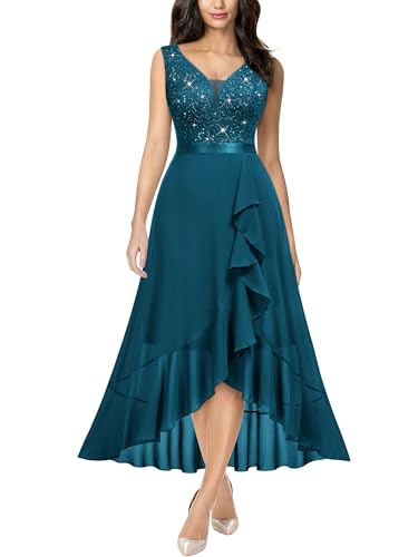 Image of Miusol Women's Vintage V-Neck Sleeveless Sequined Floral Lace Ruffle Split Evening Party Dress | Deep V-neck, sleeveless, sequin lace, ruffle design dress, suit for cocktail party, wedding and banquet