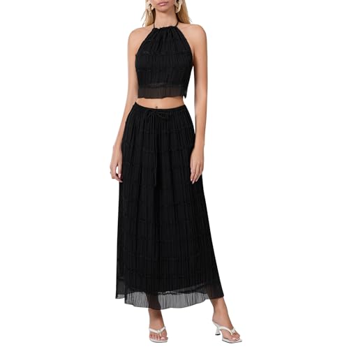 Image of Women Y2K Skirt Set Outfits Strapless Crop Top Bodycon Midi Skirt Dress Sexy 2 Piece Knit Outfits Skirt Summer