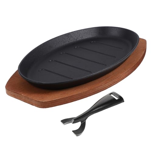 Padella per bistecca in ghisa da 30,5 cm, padella Teppanyaki Fajita con base e forchetta in legno, perfetta per bistecche di manzo frizzanti, grigliare e servire pasti deliziosi