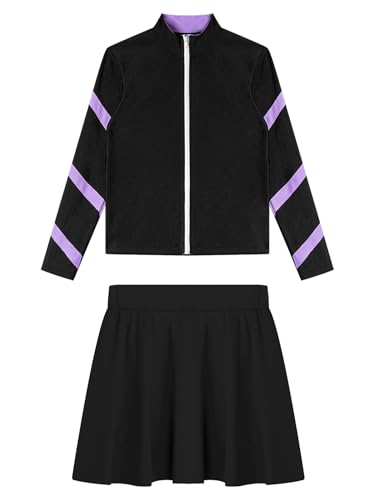easyforever Kids Girls Sports Outfit Stripe Stand Collar Zipper Sweatshirt With Athletic Skirt Sets Dancewear Activewear Light Purple 12-13 Years3