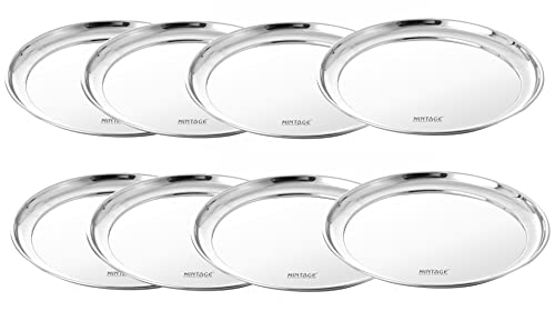 Mintage Stainless Steel Rajbhog Round Plate/Thali Set of 8 | Pearl High Gloss | Mirror Finish-Laser | 35+Years of Innovation and Quality | Thali Set of Stainless Steel Plates
