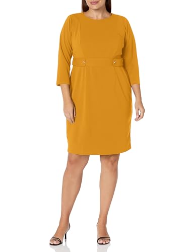 London Times Women's Work Office Business Sheath Dress with Button Waist Detail, Tawny Olive