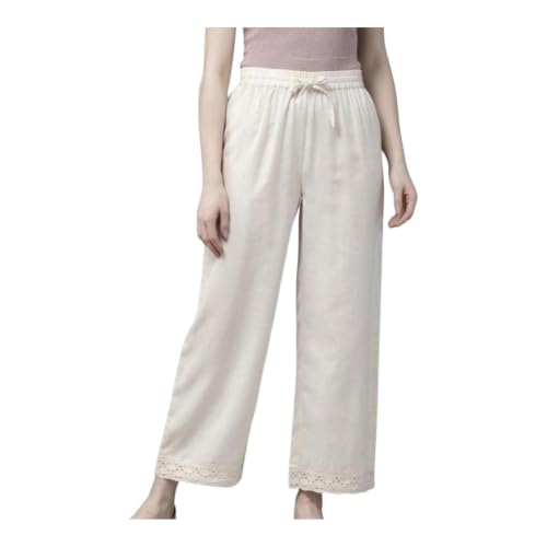 Image of Women's Off-White Khadi Palazzo with Lace Hem, Wide Leg, Elastic Drawstring Waist, Lightweight