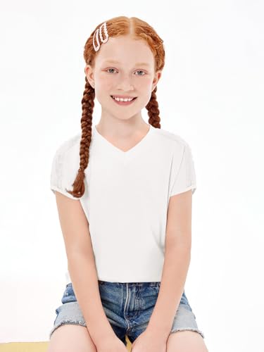 Image of Haloumoning Girls V Neck T-Shirts Kids Summer Swiss Dot Short Sleeve Tops Cute Fashion Tees 5-14 Years