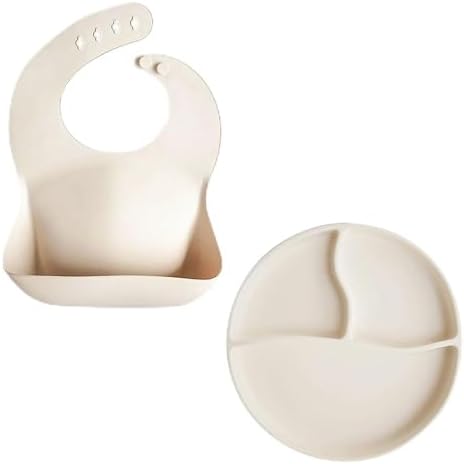Meleni Baby 2'li Silikon Bebek Beslenme Seti - Vakum Tabanlı Mama Tabağı Ayarlanabilir Silikon Mama Önlüğü Krem - Görsel 1