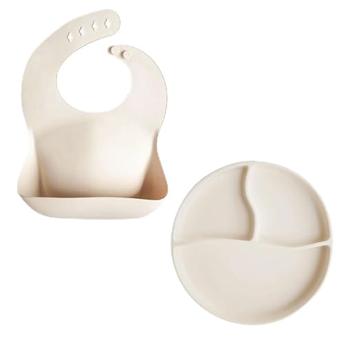 Meleni Baby 2'li Silikon Bebek Beslenme Seti - Vakum Tabanlı Mama Tabağı Ayarlanabilir Silikon Mama Önlüğü Krem