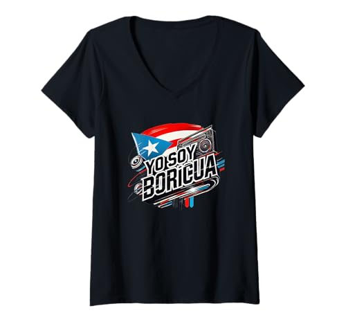 Femme Yo Soy Boricua Drapeau Portoricain Radio Musique Salsa Cool Fun T-Shirt avec Col en V