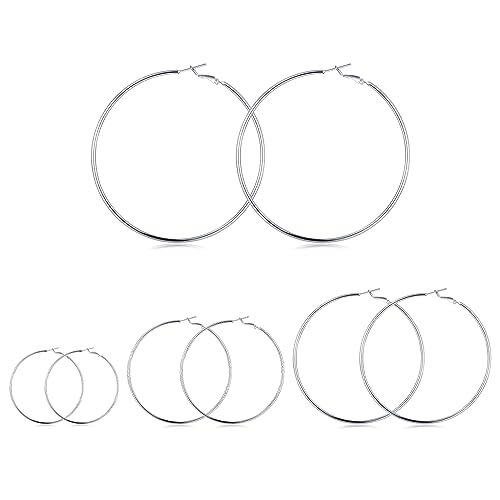 4 Pairs Sterling Silver Hoop Earrings, 14k White Gold Plated Big Hoop Earrings Set for Women (30 40 50 60MM)