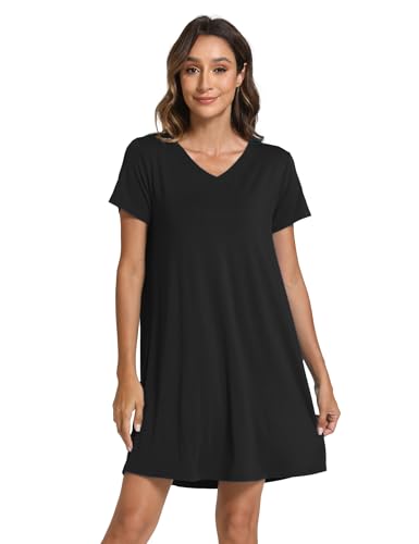 GYS Bamboo Viscose Women's Nightgowns Classic Short Sleeve V Neck Sleep Dress