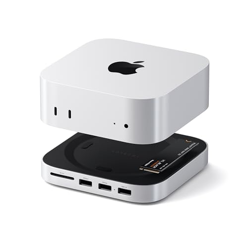 SATECHI Mac mini M4 Hub & Stand mit NVMe-SSD-Gehäuse Mac mini M4 Dock mit 2X USB-A bis 10 Gbit/s USB-A-Datenanschluss SD-Kartenleser und optimierter Kühlung Silber