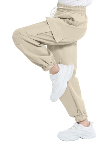 Image of JiAmy Girls Cargo Pants Elastic High Waist Drawstring Pants Jogger Trousers Casual Loose with Pockets 6-14Y