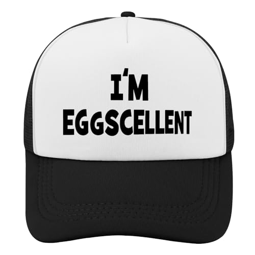 I'm Eggscellent Trucker Hat, Black and White, Mesh Back, Adjustable Snapback Cap with Built-in Sweatband, 22.4-23.6 Inch Head Circumference