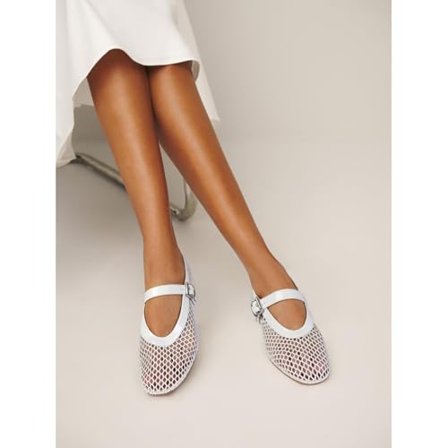 Image of DOEYG Mesh Ballet Flats for Women Buckle Strap Comfy Casual Office Fishnet Ballerina Flat Shoes