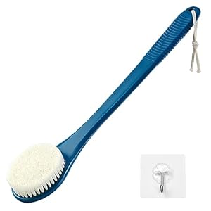 Back Scrubber for Shower, Shower Body Brush for Cleaning with Long Handle for Showering, 17 Inch Back Washer Exfoliator for Shower Men Women with Non-Slip Handle, Adhesive Hook (Navy Blue)