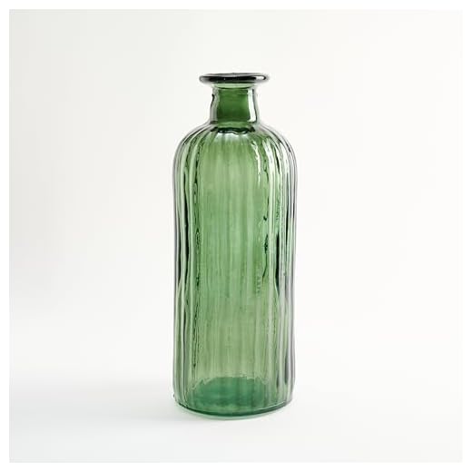 Botella Grande de Vidrio Reciclado Estilo Mediterráneo con Diseño Rayado - Cristal Artesanal para Decoración del Hogar como Jarrón o Florero (Verde Oliva)