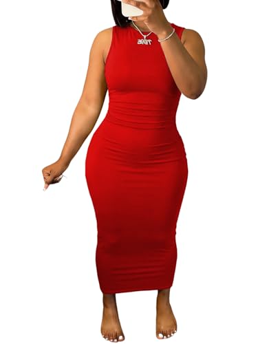 Image of Ulovmi Women's Maxi Bodycon Summer Dress Long Formal Ruched Sundress Elegant Casual Tank Sleeveless Dress Party Cocktail