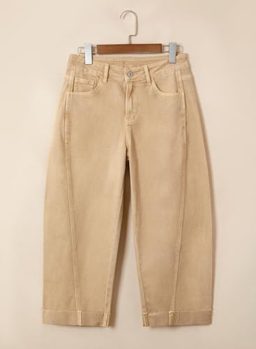 Image of Sidefeel Barrel Jeans for Women High Waisted Wide Leg Baggy Stretchy Trendy Raw Rolled Hem Capri Cropped Ankle Denim Pants