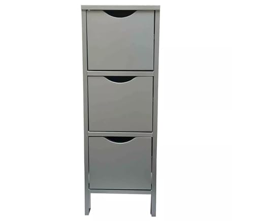 PREMZO 3 Drawer Slim Bathroom Kitchen Bedroom Office Cabinet Durable MDF Wooden Cupboard Storage Free Standing Space Saving Rack Holder In GREY 19 x 21 x 62 cm