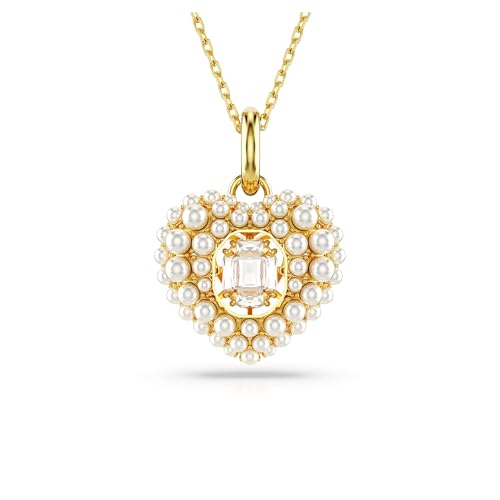 Swarovski Idyllia Anhänger, Weiße und Vergoldete Damenhalskette mit Herz-Motiv, Kristallperlen und Strahlendem Swarovski Kristall
