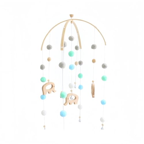 ベビーメリー 吊り下げ式 モビール 木製ビーズ&羊毛フェルト使用 | デザイン・ハンドメイド風 | 鈴付き・赤ちゃん用ベッド飾り | 新生児出産祝い/ギフト/撮影小物に最適 (C)