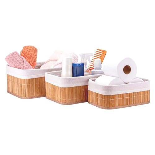 Cestas Organizadoras De Bambu, 3 Tamanhos, Com Forro De Algodão Removível E Lavável.